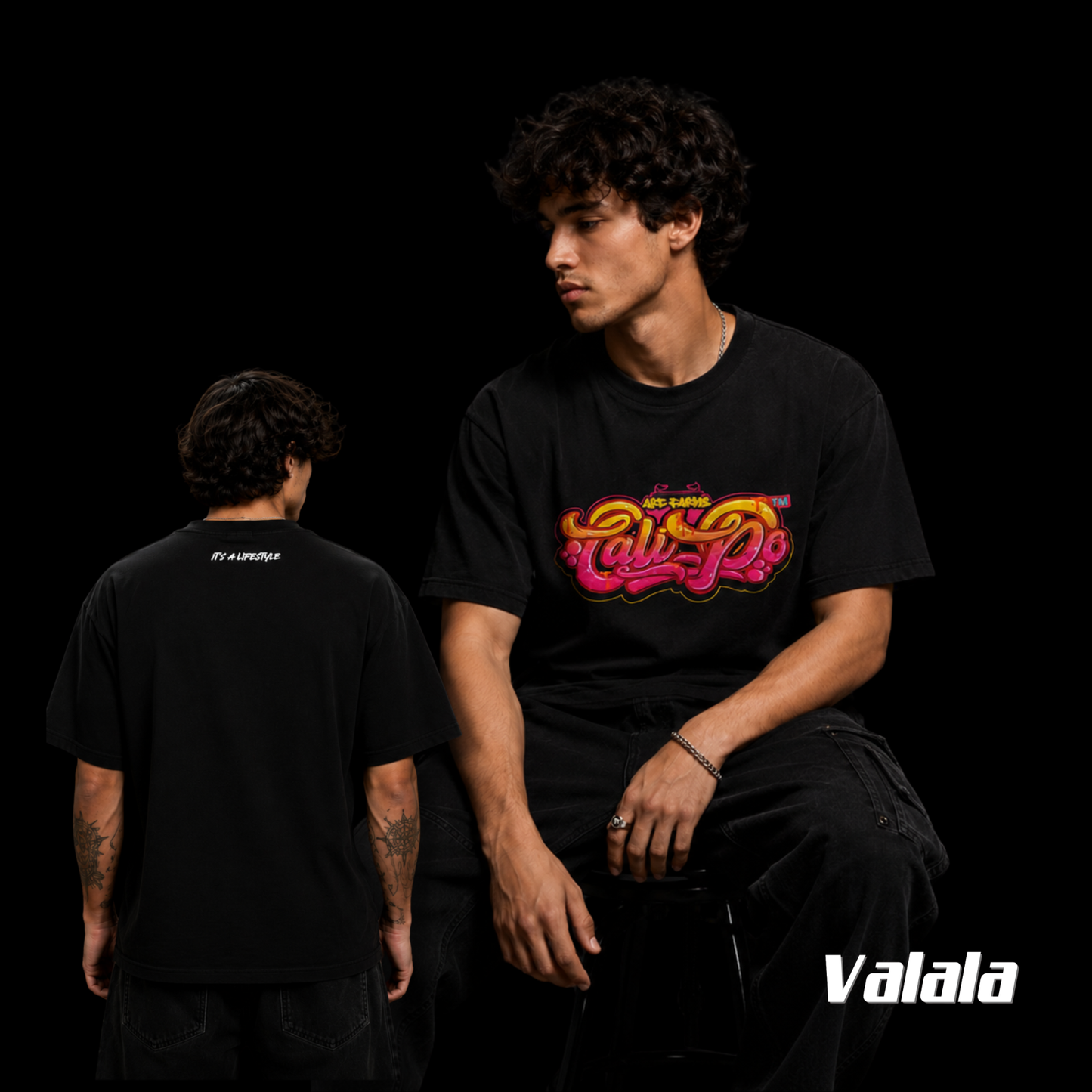 T-shirt Cali-Po Noir Pink & Yellow Logo